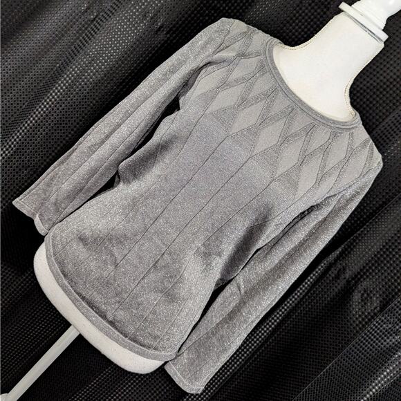 JONES NEW YORK PETITE! GUNMETAL SILVER/GRAY METALLIC "DIAMOND" SWEATER! SZ PM - Picture 1 of 9